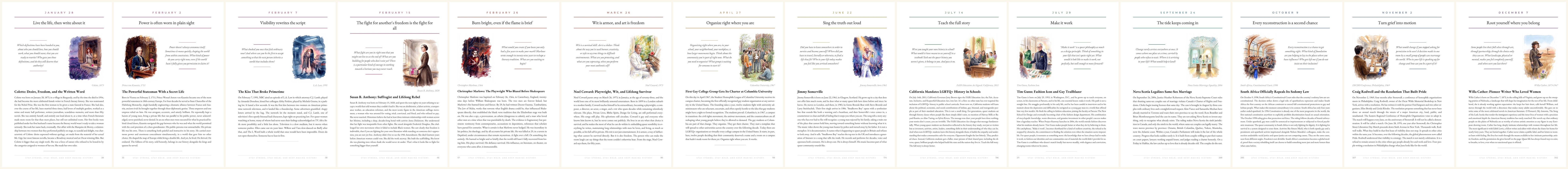 A wall of illustrated page spreads from The Queer Year Book