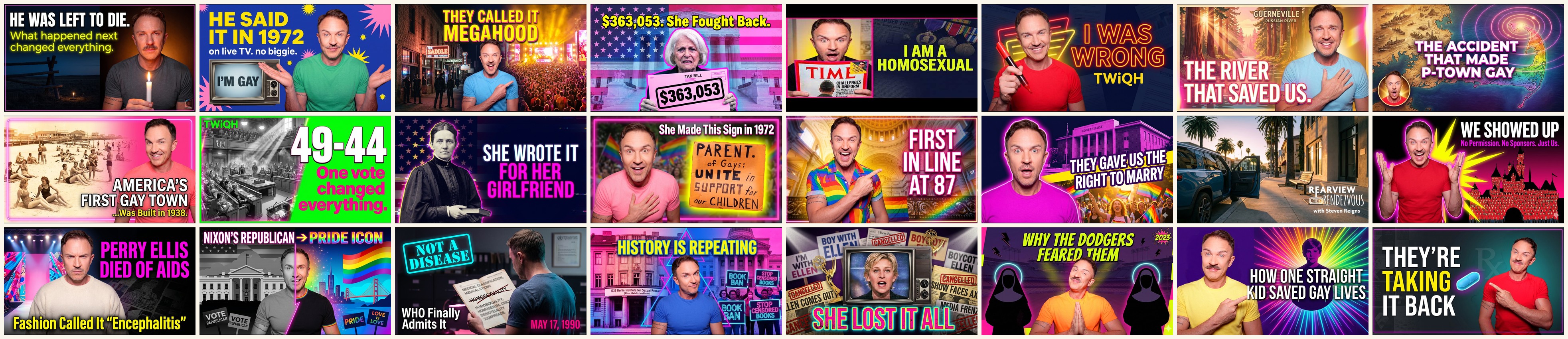 A wall of episode thumbnails from This Week in Queer History